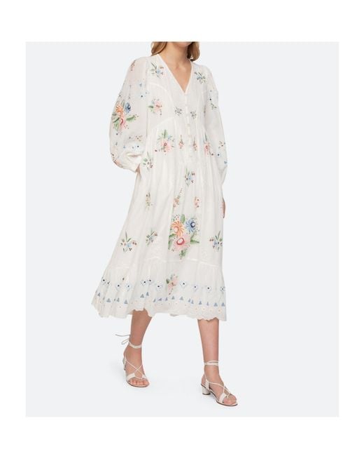 Sea White Serafina Floral-Embroidered Ruffled Midi Dress