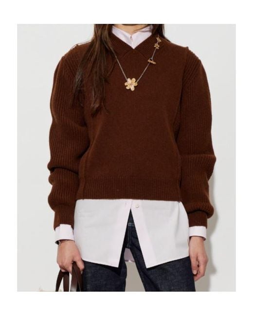 Marni Brown Ribbed V-Neck Ribbed Jumper