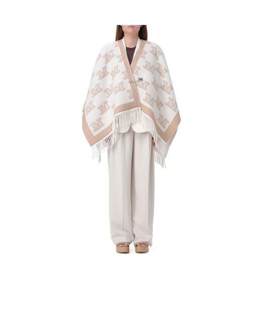 Max Mara White Studio All-Over Logo Patterned Fringed Edge Cape