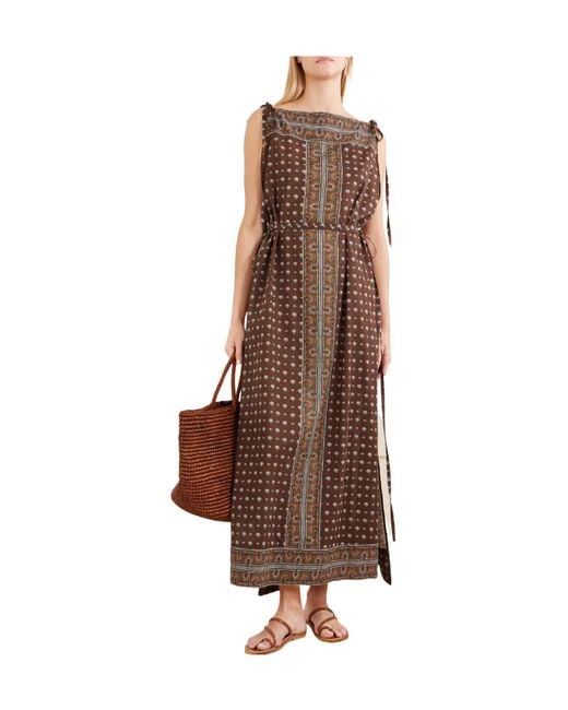 Doen Brown Belted Printed Organic Cotton-Voile Midi Dress