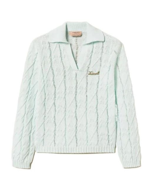 Twinset Blue Polo-Collar Cable-Knit Sweater