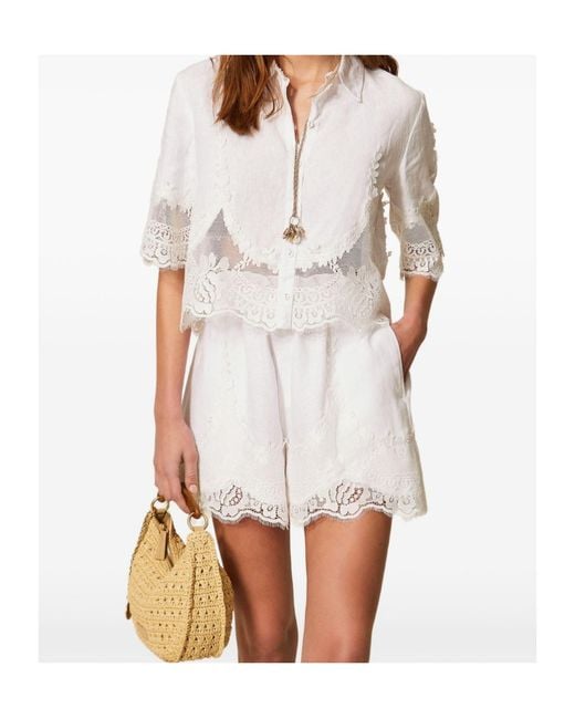 Twinset White Embroidered Scalloped Hem Shorts