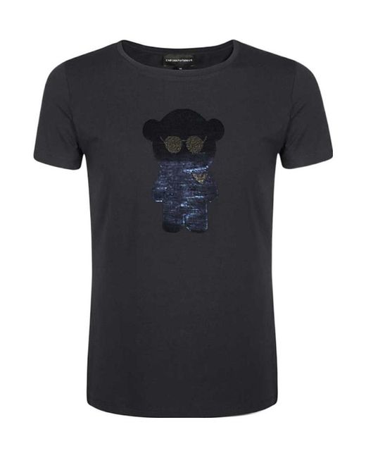 Emporio Armani Black Bear Pattern Round Collar Short-Sleeved T-Shirt