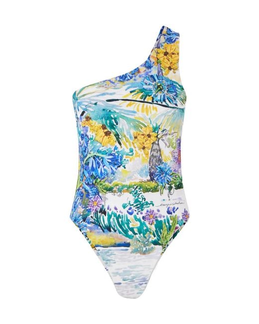 Mary Katrantzou Blue One-Shoulder Printed Swimsuit