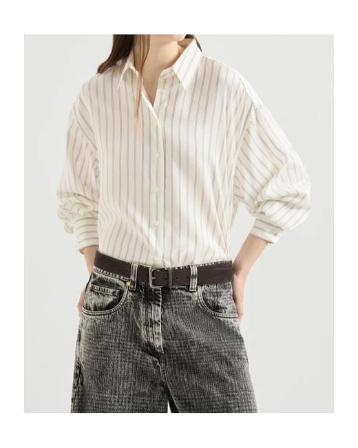 Brunello Cucinelli White Silk Stripe Poplin Shirt