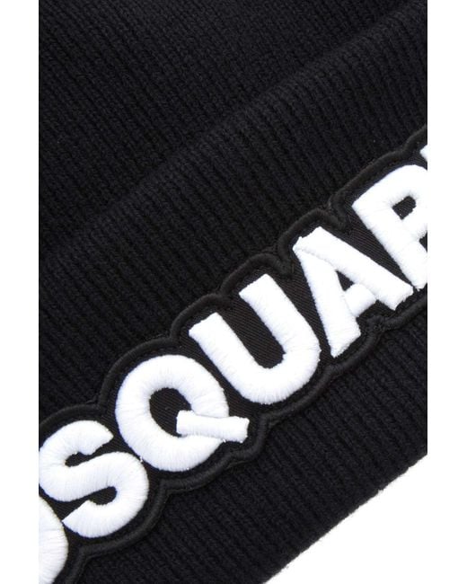 DSquared² Black Logo Embroidered Ribbed Beanie for men