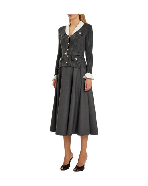 Self-Portrait Black Layered Knit And Twill Midi Dress