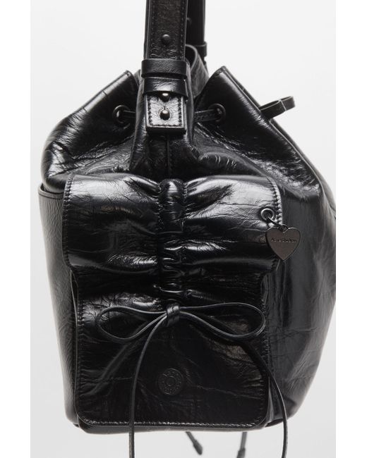 Acne Black Drawstring Ruffled Leather Shoulder Bag