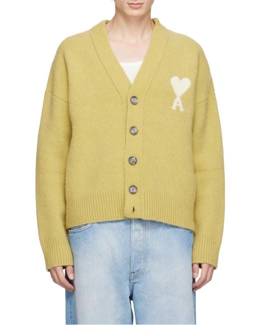 AMI Yellow Ami De Coeur Knitted Cardigan for men