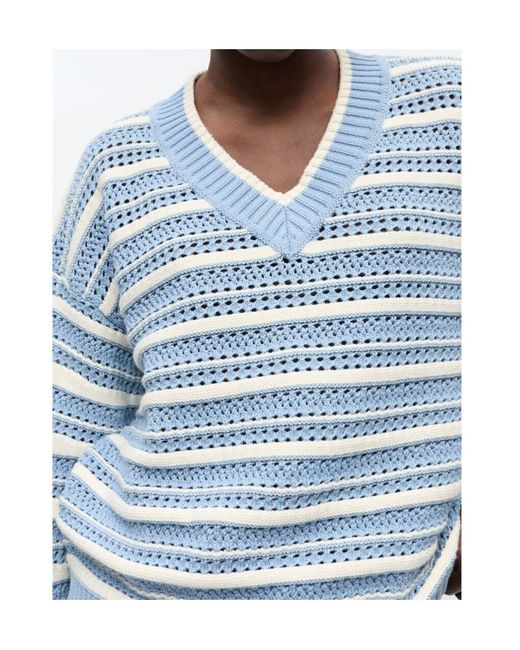 Ganni Blue Striped Cotton V-Neck Jumper