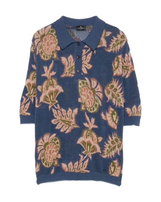 Etro Blue Floral-Intarsia Mesh-Knit Polo Top