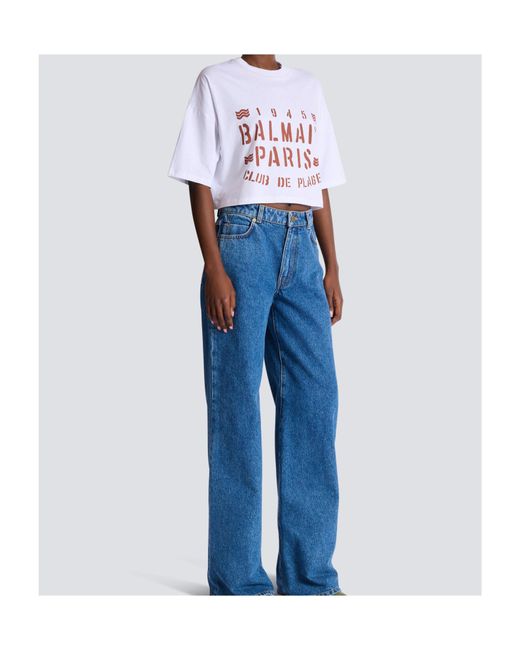 Balmain White Plage Cropped Logo T-Shirt