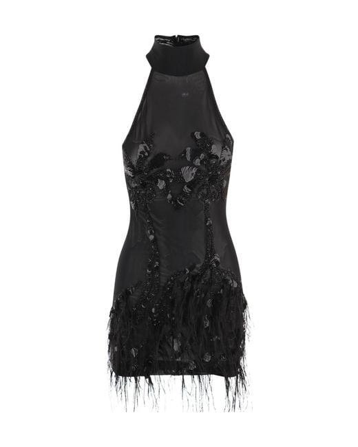 Just Cavalli Black Embellished Feather-Trim Dress