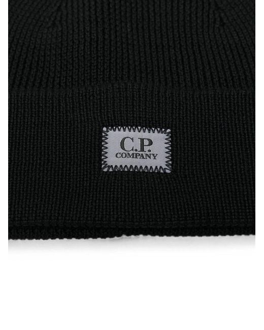 C P Company Black Logo-Patch Ribbed-Knit Beanie Hat for men