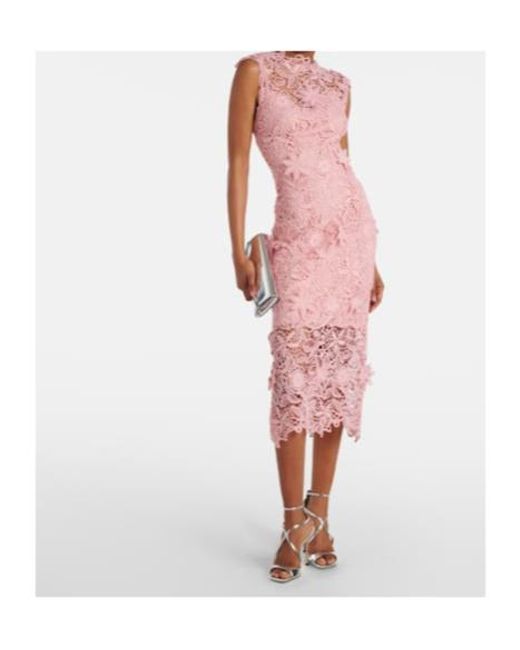 Monique Lhuillier Pink Floral Lace Guipure Midi Dress