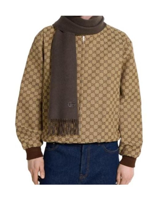 Gucci Brown Logo Patch Fringed Scarf for men