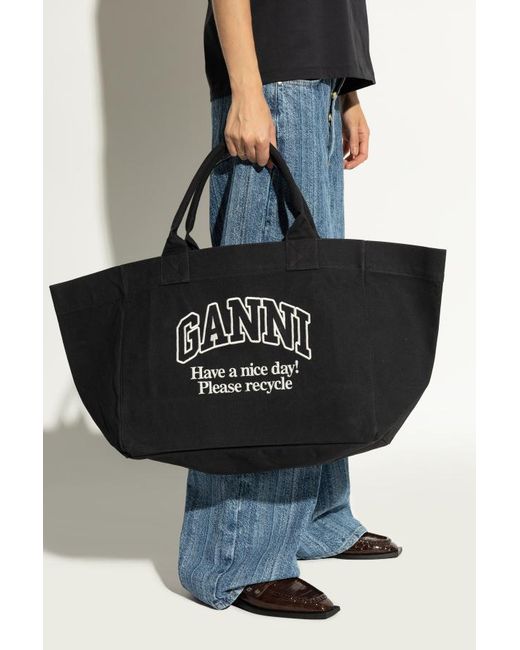 Ganni Black Logo Embroidered Xxl Shopper Bag