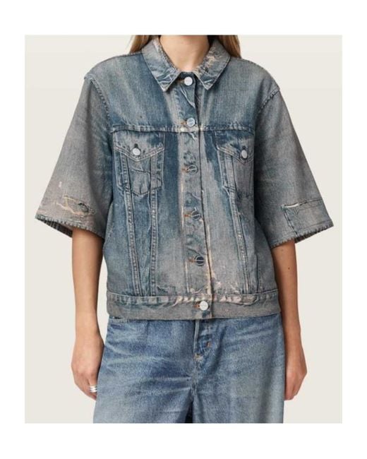 AllSaints Blue Juni Terry Short Sleeve Illusion Of Denim Shirt