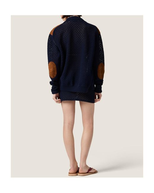 Miu Miu Blue Cotton Crochet And Suede Miniskirt