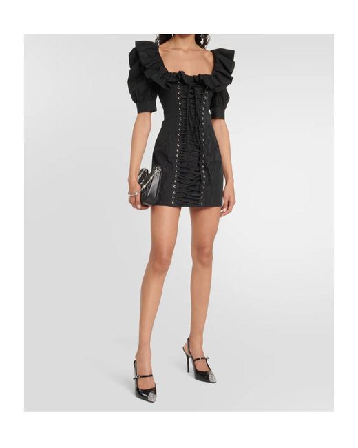 Alessandra Rich Black Ruffled Puff-Sleeve Minidress