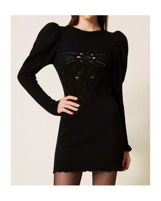 Twinset Black Crochet-Knit Mini Dress