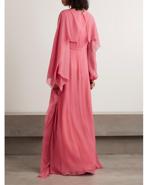 Erdem Pink Cape-Effect Asymmetric Embellished Silk-Crepon Gown