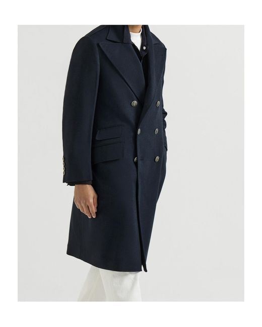Brunello Cucinelli Blue Cashmere Chevron Flannel One-And-A Half Breasted Coat With Peak Lapels And Metal Buttons for men