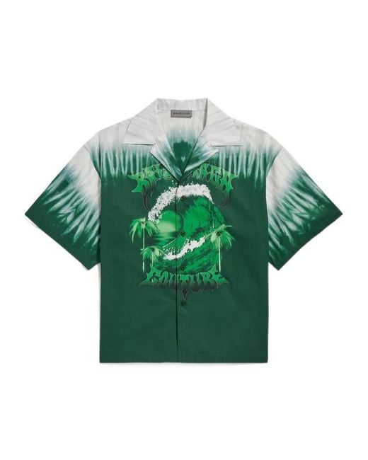 Balenciaga Green Extreme Tie-Dyed Bowling Short Sleeved Shirt for men