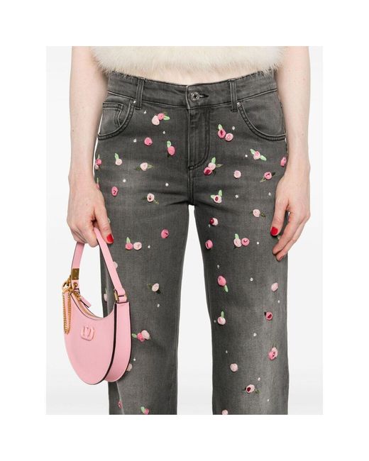 Blumarine Gray Embroidered-Roses Wide-Leg Jeans