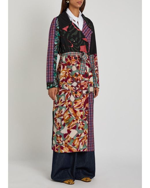 Dries Van Noten Red Double-Breasted Printed Trench Coat
