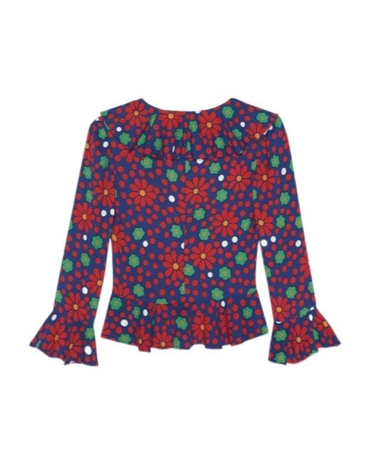 Saint Laurent Red Ruffled V-Neck Blouse