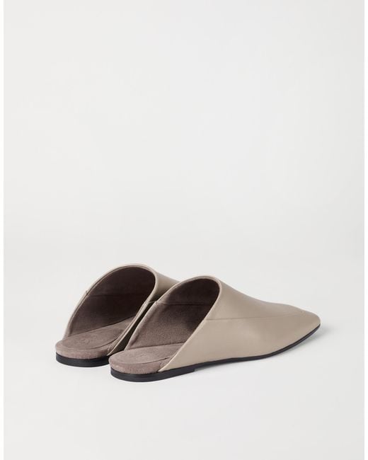 Brunello Cucinelli White Square-Toe Leather Flat Mules