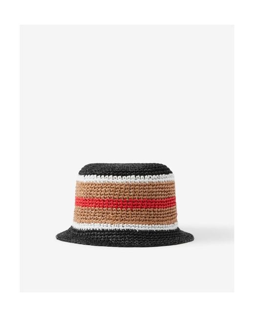 Burberry White Logo Plaque Striped Woven Bucket Hat