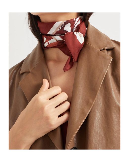 Brunello Cucinelli Red Floral-Printed Striped Edge Scarf