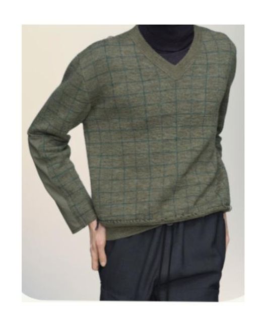 Maison Margiela Green Long Sleeve V-Neck Grid-Pattern Jumper for men
