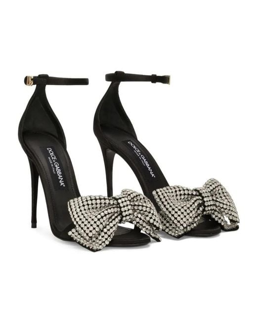 Dolce & Gabbana Black Satin Rhinestone-Embellished Bow Sandals