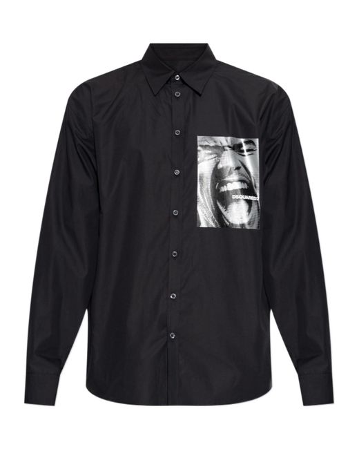DSquared² Blue Long Sleeved Graphic-Stamp Shirt for men