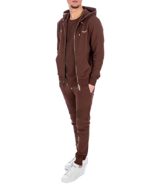 Balmain Brown Zipped Logo Printed Hoodie for men