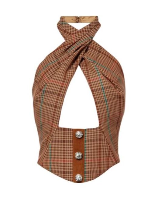 Area Brown Checked Halterneck Wool-Blend Top