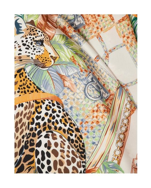 Ferragamo White Poised Leopards Print Silk Scarf