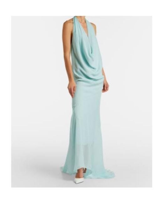 Mugler Blue Draped Sheer Silk Crêpe Georgette Gown