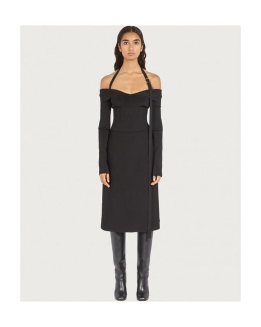 Ferragamo Black Ferragamo Off-Shoulder Long-Sleeved Midi Dress