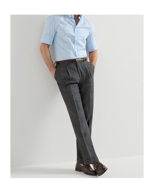 Brunello Cucinelli Gray Pleat Delave Linen Trousers for men