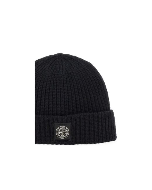 Stone Island Blue Logo-Patch Beanie Hat for men