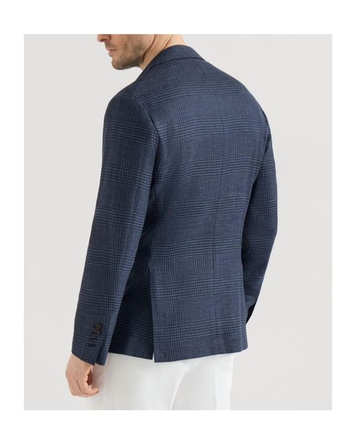 Brunello Cucinelli Blue Wool, Silk And Linen Prince Of Wales Deconstructed Blazer for men
