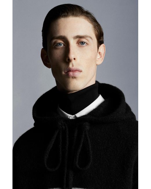 Moncler Black Logo-Intarsia Knitted Hoodie for men