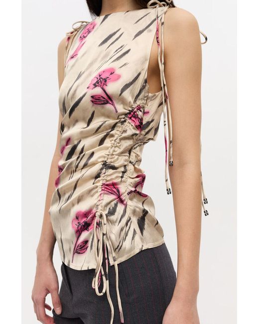 Ganni White Graphic Printed Stretch Satin Gathered Top