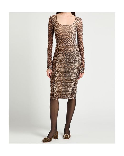 Ganni Natural Leopard Print Long Sleeve Dress