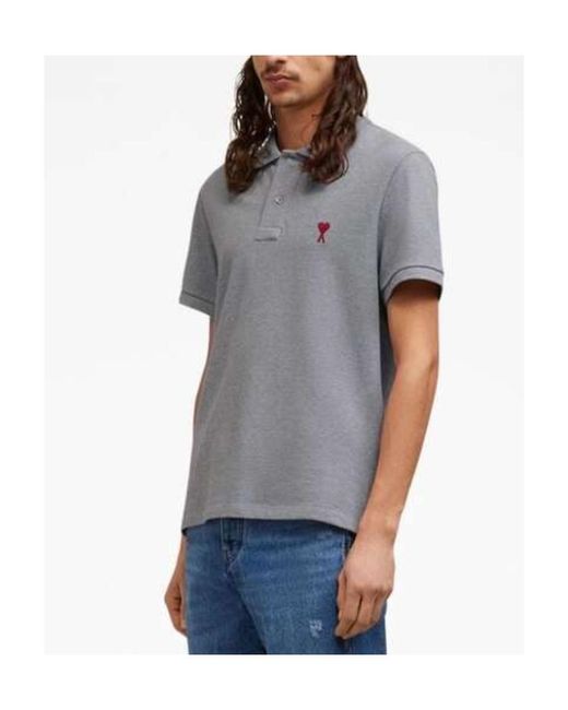 AMI Gray Logo Embroidered Short Sleeved Polo Shirt for men