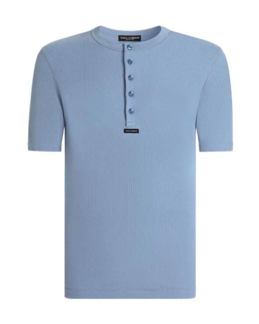 Dolce & Gabbana Blue Serafino Logo Patch Ribbed T-Shirt for men